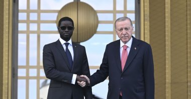 President Recep Tayyip Erdoğan shakes hands with his Senegalese counterpart Bassirou Diomaye Faye ahead of a meeting, Ankara, Türkiye, Oct. 31, 2024. (AA Photo)