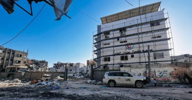 U.N.-branded vehicles are parked at the Kamal Adwan Hospital in Beit Lahia, in the northern Gaza Strip, Palestine, Oct. 28, 2024. (AFP Photo)