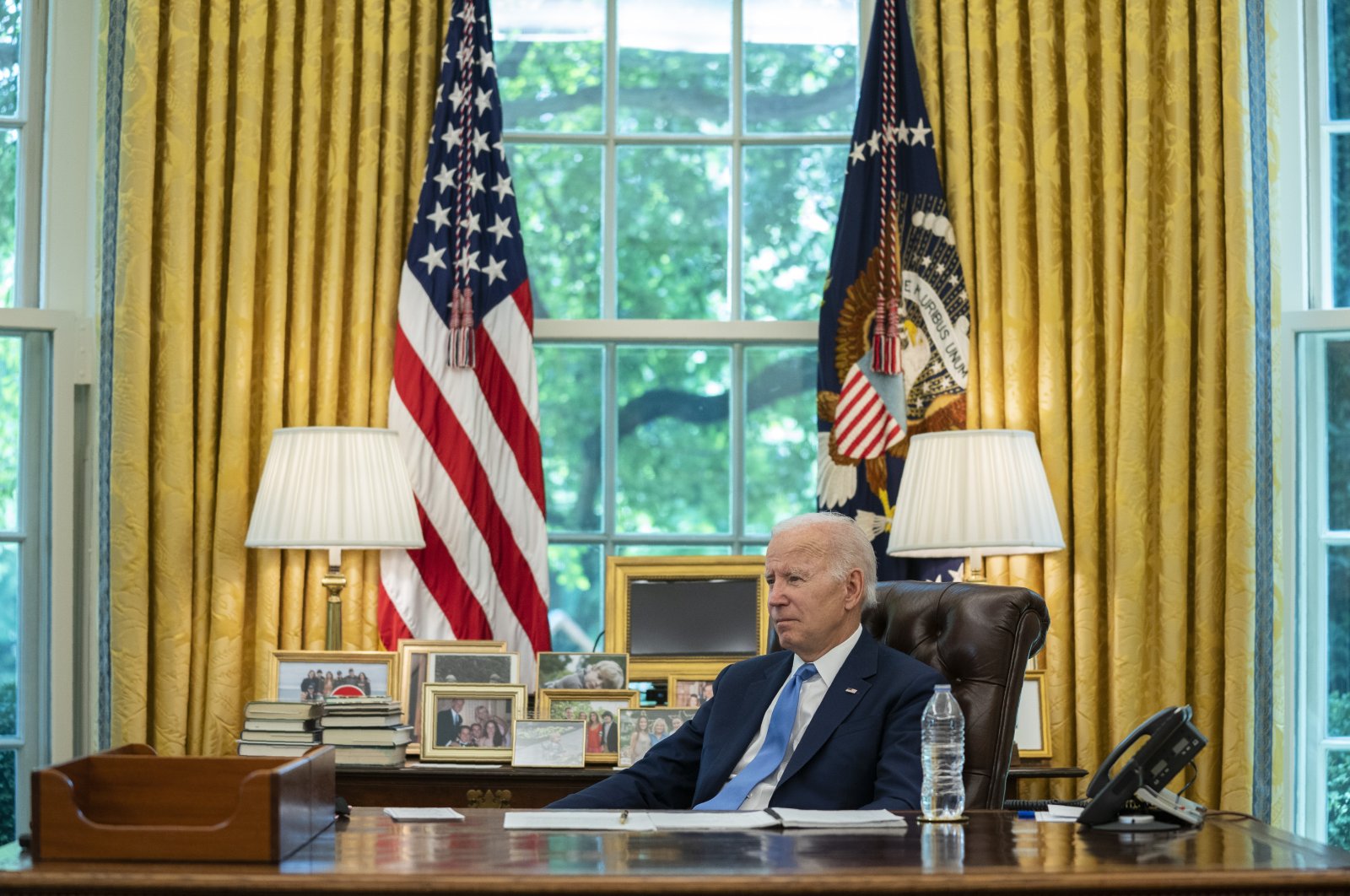 President Joe Biden listens to questions during an interview in the Oval Office, White House, Washington, U.S., June 16, 2022.