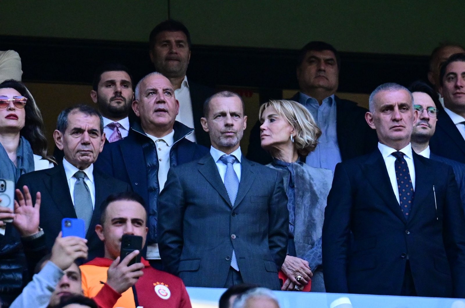 Galatasaray President Dursun Özbek (L), UEFA President Aleksander Ceferin (C) and TFF President Ethem Hacıosmanoğlu in the stands during the Europa League match between Galatasaray and Elfsborg at the RAMS Park, Istanbul, Türkiye, Oct. 23, 2024. (AA Photo)