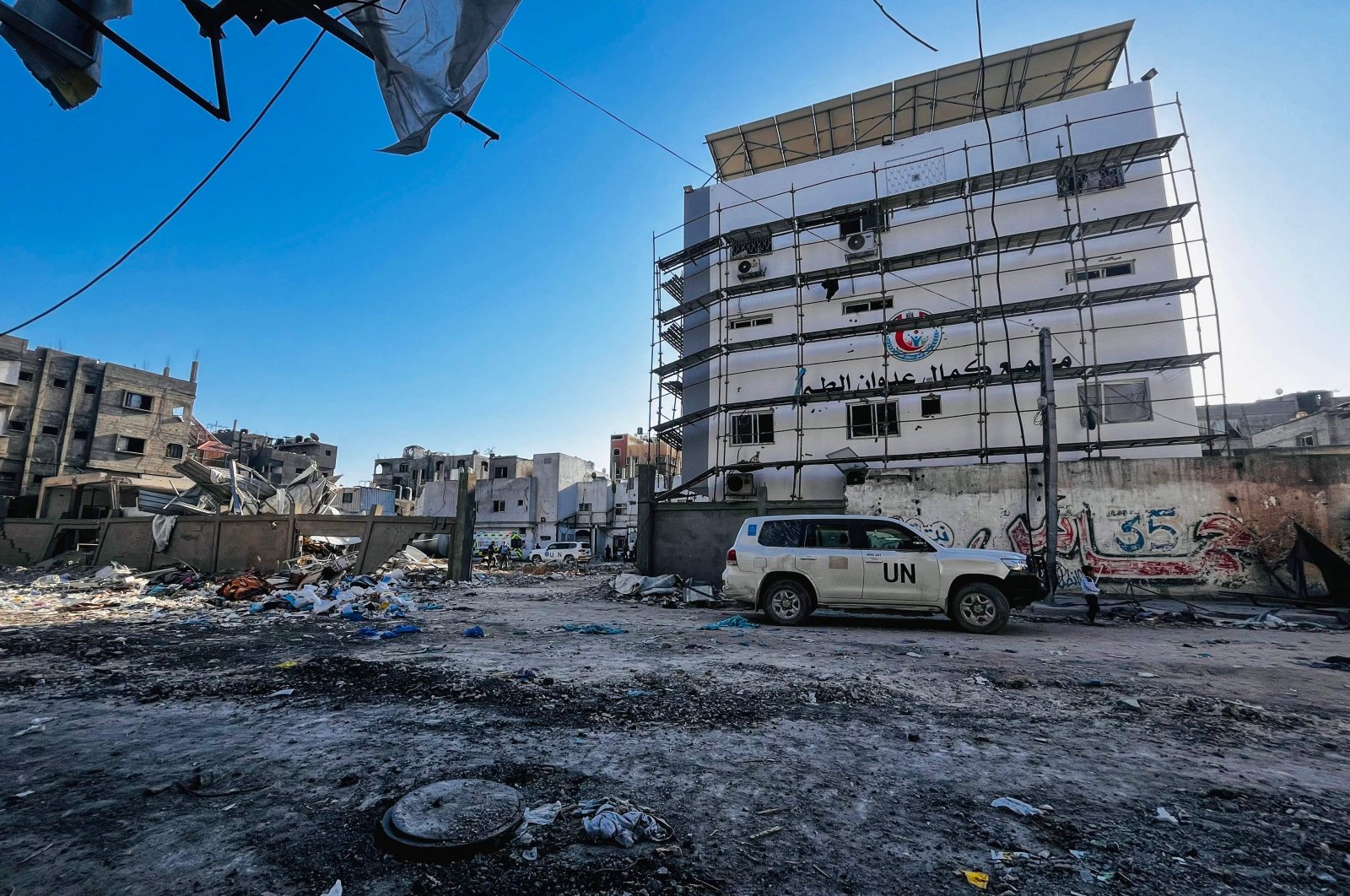 U.N.-branded vehicles are parked at the Kamal Adwan Hospital in Beit Lahia, in the northern Gaza Strip, Palestine, Oct. 28, 2024. (AFP Photo)