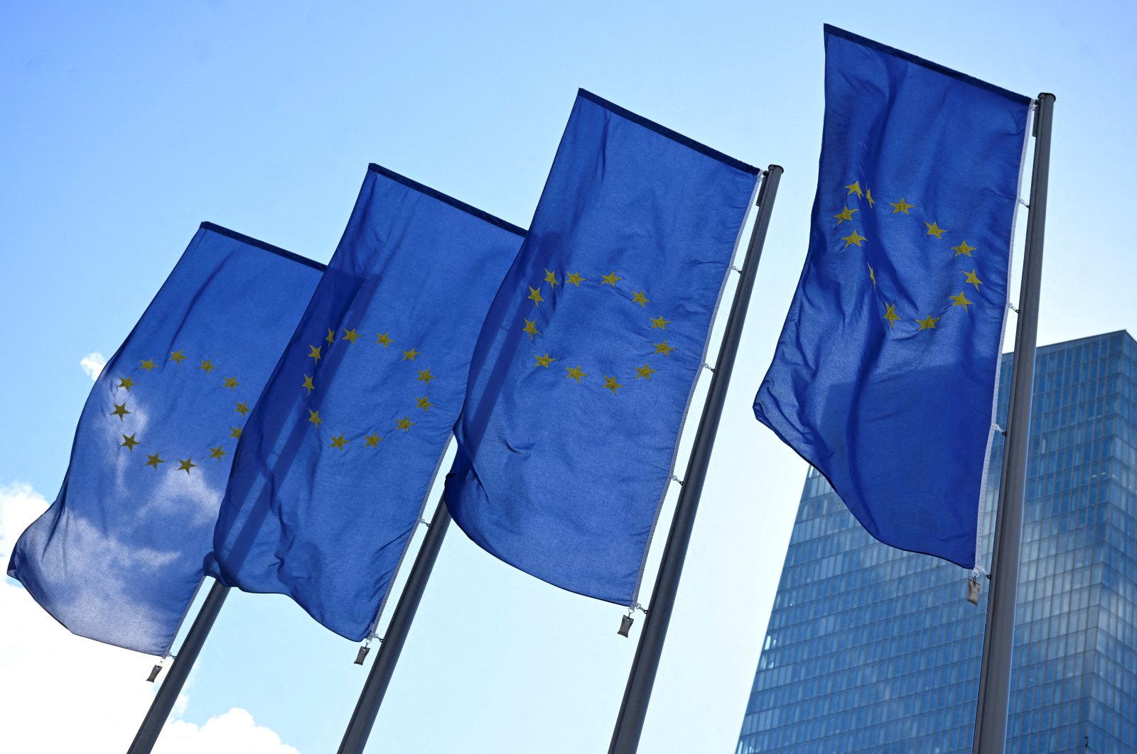 European Union flags flutter in the European Central Bank (ECB) headquarters in Frankfurt, Germany, Sept. 12, 2024. (Reuters Photo)