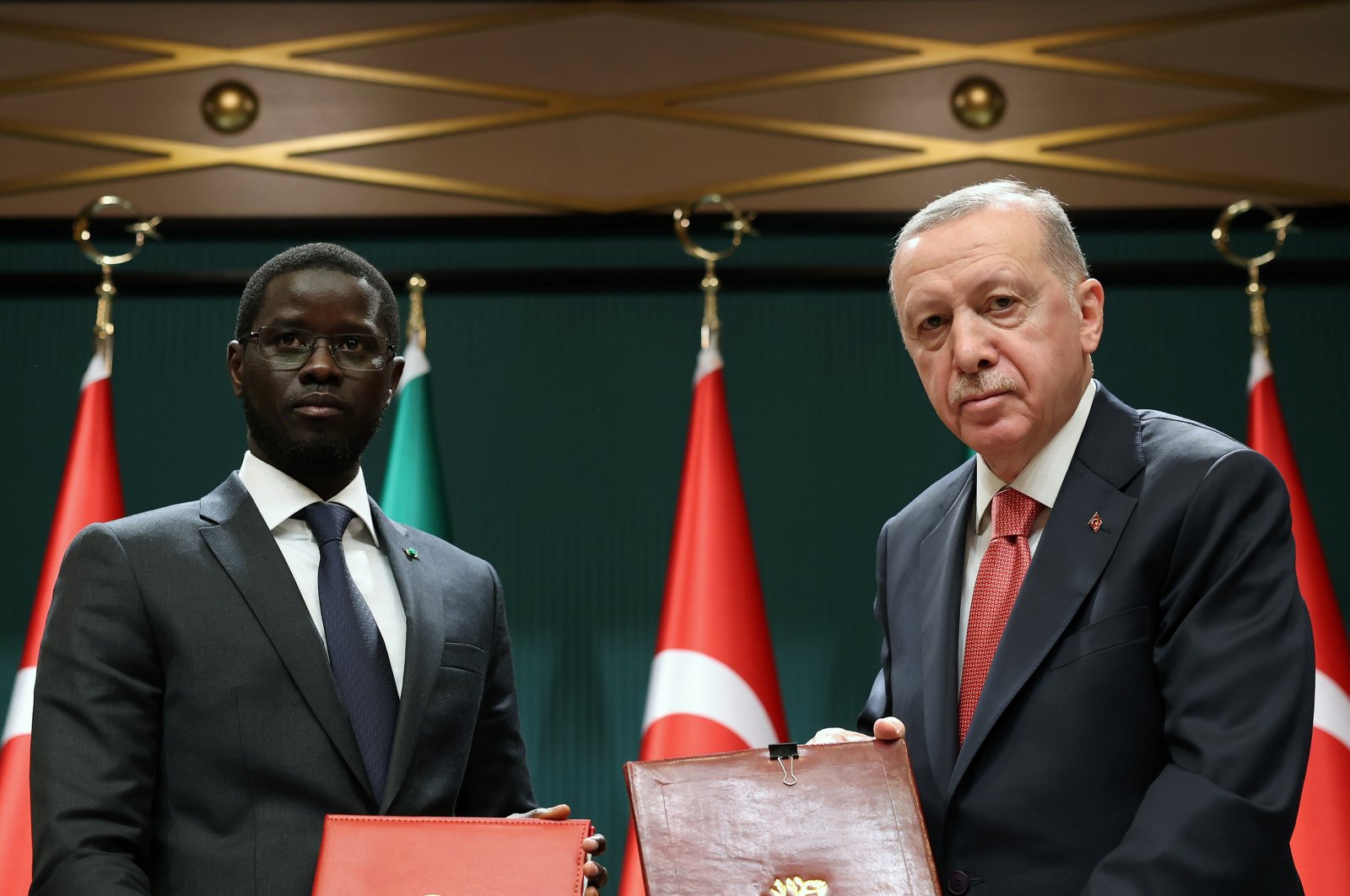 President Recep Tayyip Erdoğan and his Senegalese counterpart  Bassirou Diomaye Faye pose for a photo after signing bilateral agreements in Ankara, Oct. 31, 2024. (AA Photo)