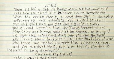 A monologue delivered by actor Samuel L. Jackson&#039;s character Jules in the 1994 film "Pulp Fiction" from writer/director Quentin Tarantino&#039;s handwritten script draft, Los Angeles, U.S., Oct. 29, 2024. (AP Photo)