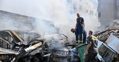 Firefighters work to extinguish a fire at the site of an Israeli military strike in the Kafaat area of the Dahieh district in Beirut, Lebanon, Nov. 1, 2024. (EPA Photo)