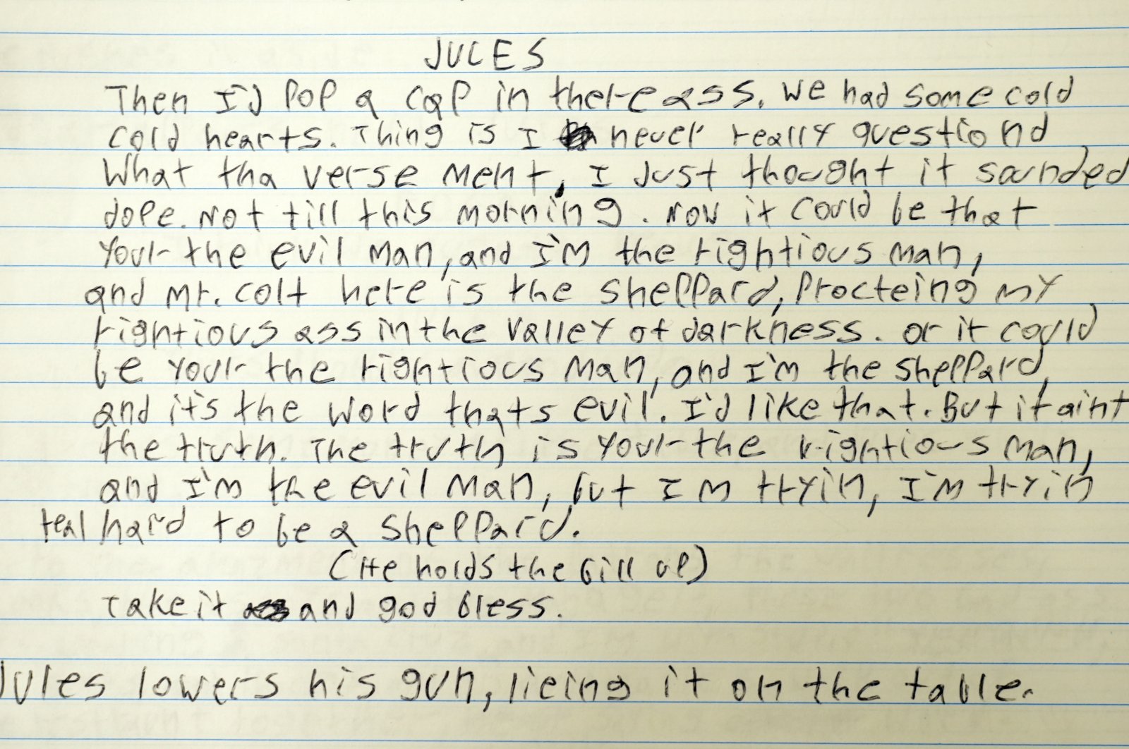 A monologue delivered by actor Samuel L. Jackson&#039;s character Jules in the 1994 film "Pulp Fiction" from writer/director Quentin Tarantino&#039;s handwritten script draft, Los Angeles, U.S., Oct. 29, 2024. (AP Photo)