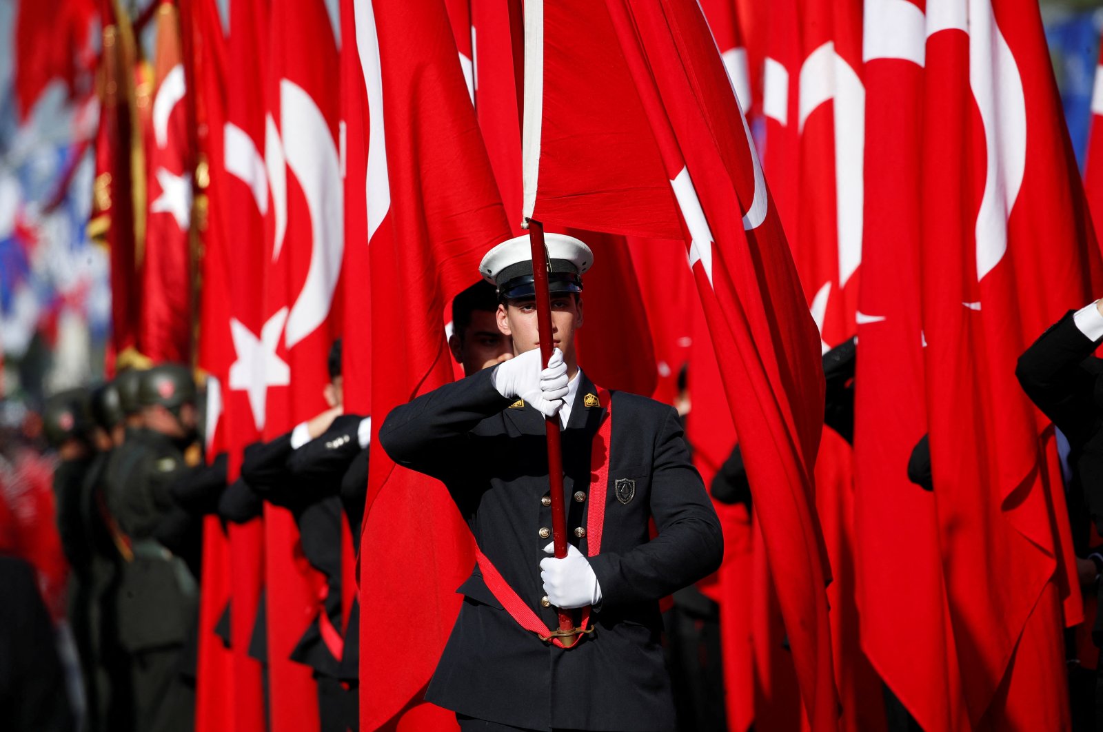 Students march with Turkish flags during a Republic Day parade marking the 101st anniversary of the republic&#039;s foundation, Istanbul, Türkiye, Oct. 29, 2024. (Reuters Photo)