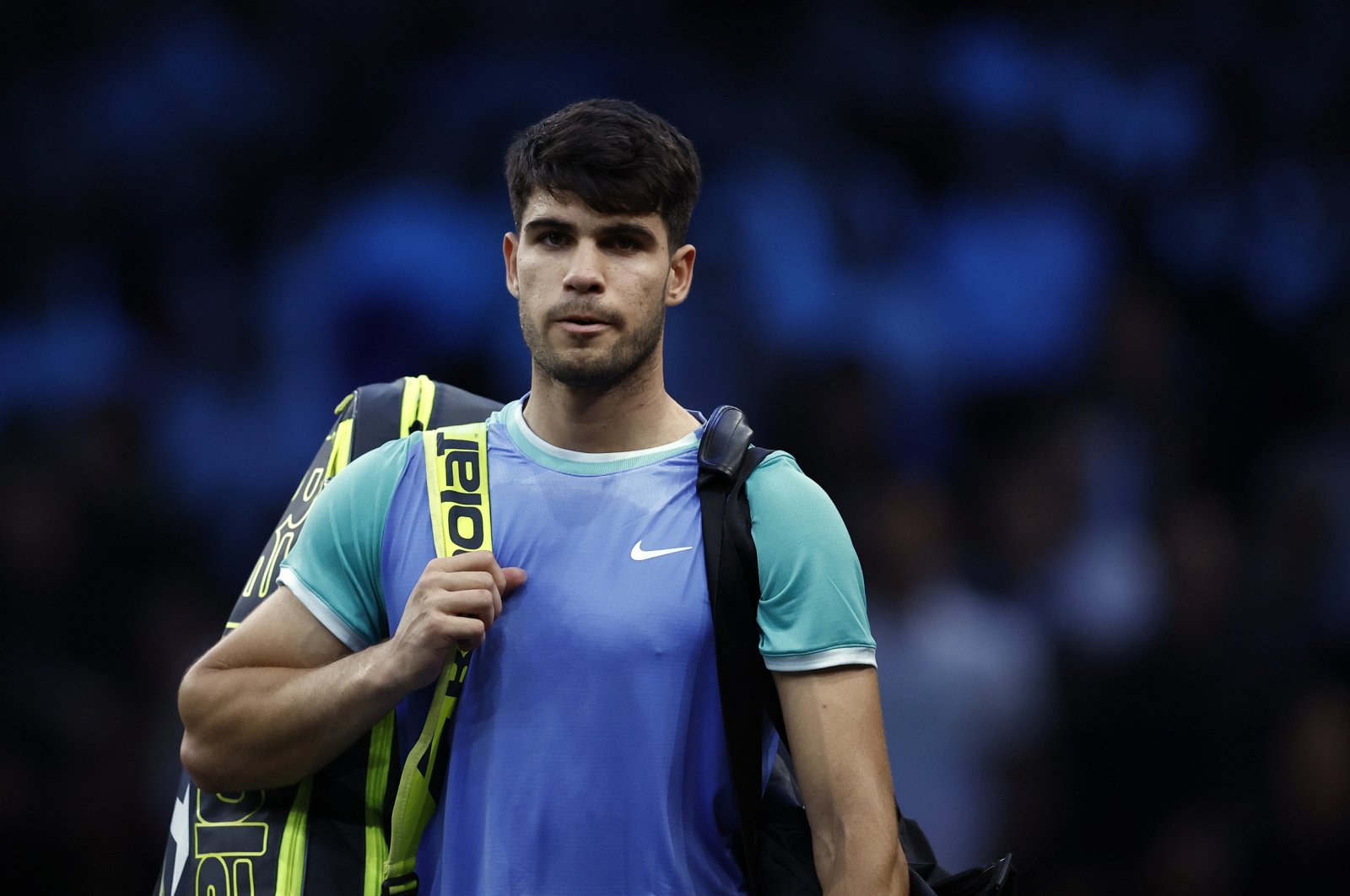 Spain&#039;s Carlos Alcaraz leaves the court after losing his round of 16 match against France&#039;s Ugo Humbert at the Rolex Paris Masters tennis tournament, Paris, France, Oct. 31, 2024. (EPA Photo)