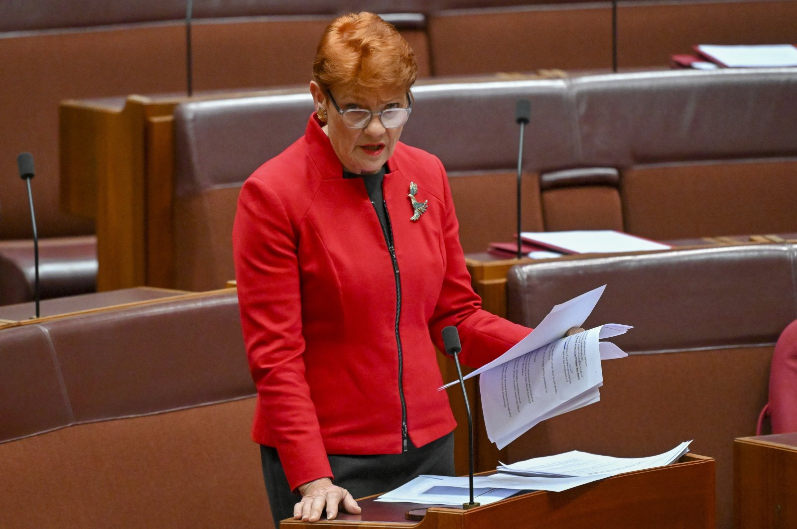 One Nation leader Pauline Hanson speaks in the senate chamber at Parliament House in Canberra, Australia, on Aug. 14, 2024. (Mick Tsikas/AAP Image via AP)