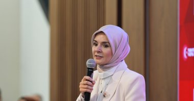 Family and Social Services Minister Mahinur Özdemir Göktaş speaks at the Women Mukhtars' Meeting, Ankara, Türkiye, Oct. 18, 2024. (AA Photo)