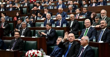 President and AK Party Chair Recep Tayyip Erdoğan greets lawmakers and party supporters at a parliamentary event, Ankara, Türkiye, Oct. 30, 2024. (AA Photo)