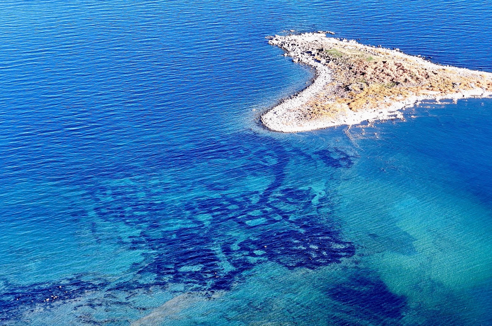 Drone footage captures the remnants of an ancient city&#039;s urban layout submerged in Lake Van, Türkiye, Nov. 3, 2024. (IHA Photo) 