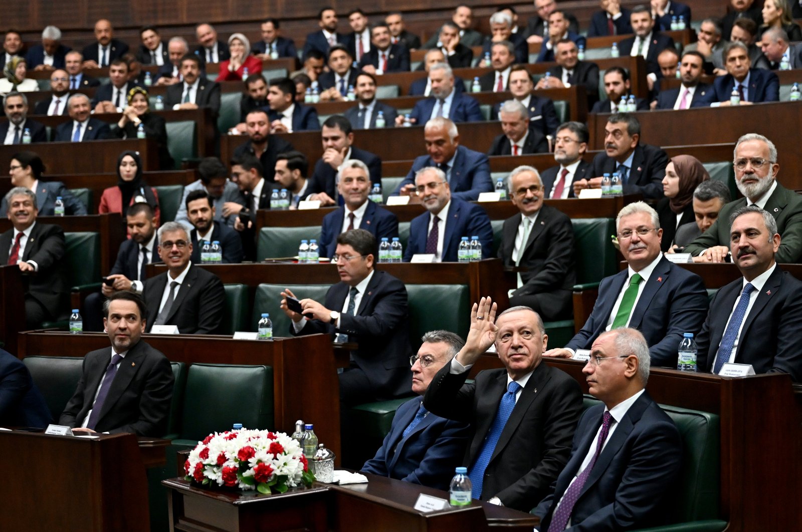 President and AK Party Chair Recep Tayyip Erdoğan greets lawmakers and party supporters at a parliamentary event, Ankara, Türkiye, Oct. 30, 2024. (AA Photo)