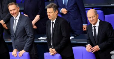 German Finance Minister Christian Lindner (L), Economic Affairs and Climate Action Minister Robert Habeck (C) and Chancellor Olaf Scholz attend the 2024 budget debate session of the German lower house of parliament, the Bundestag, Berlin, Germany, Jan. 31, 2024. (Reuters Photo)