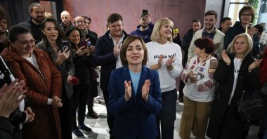 Moldova&#039;s incumbent President and presidential candidate Maia Sandu celebrates with supporters following the announcement of the preliminary results of the second round of the presidential election, at her campaign headquarters in Chisinau, Moldova, Nov. 4, 2024. (Reuters Photo)