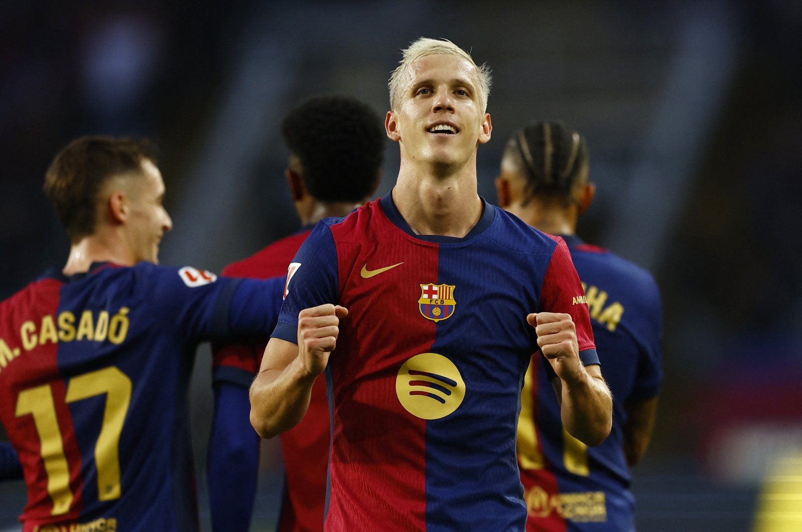 Barcelona&#039;s Dani Olmo celebrates scoring the team&#039;s third goal during the La Liga match against Espanyol at the Estadi Olimpic Lluis Companys, Barcelona, Spain, Nov. 3, 2024. (Reuters Photo)