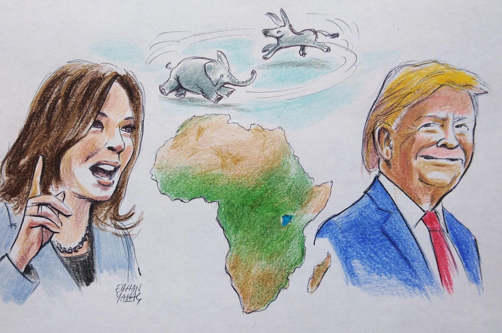 "A second Trump administration or a Harris presidency could bring markedly different approaches to the U.S.-Africa relationship." (Illustration by Erhan Yalvaç)