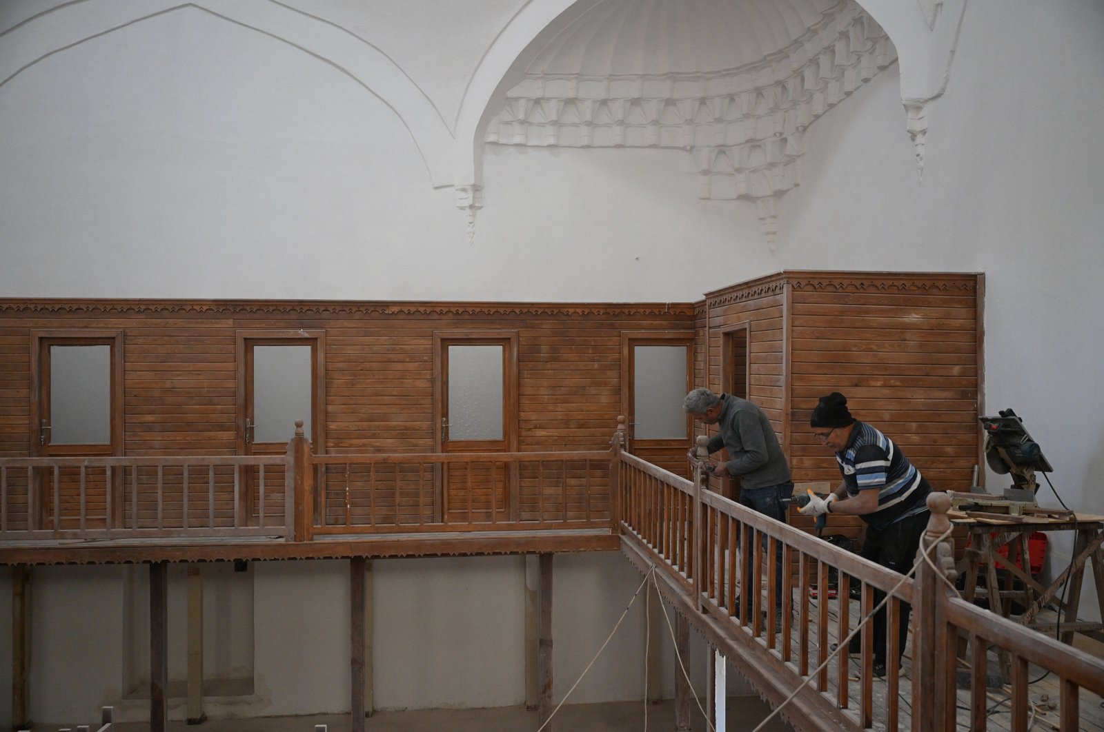 Workers restore the interior of Sokullu Hammam in Edirne, Türkiye, Oct. 22, 2024. (AA Photo)