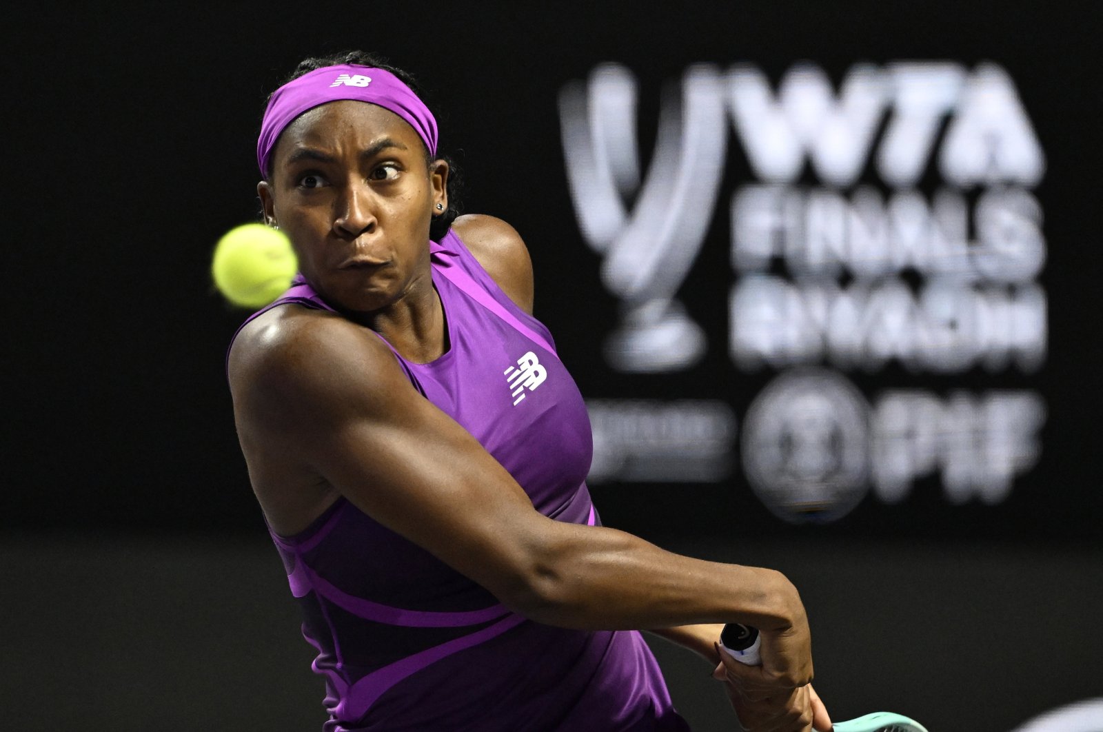 USA&#039;s Coco Gauff in action during her Singles group stage match against Jessica Pegula at the WTA Finals, Riyadh, Saudi Arabia, Nov. 3, 2024. (EPA Photo)