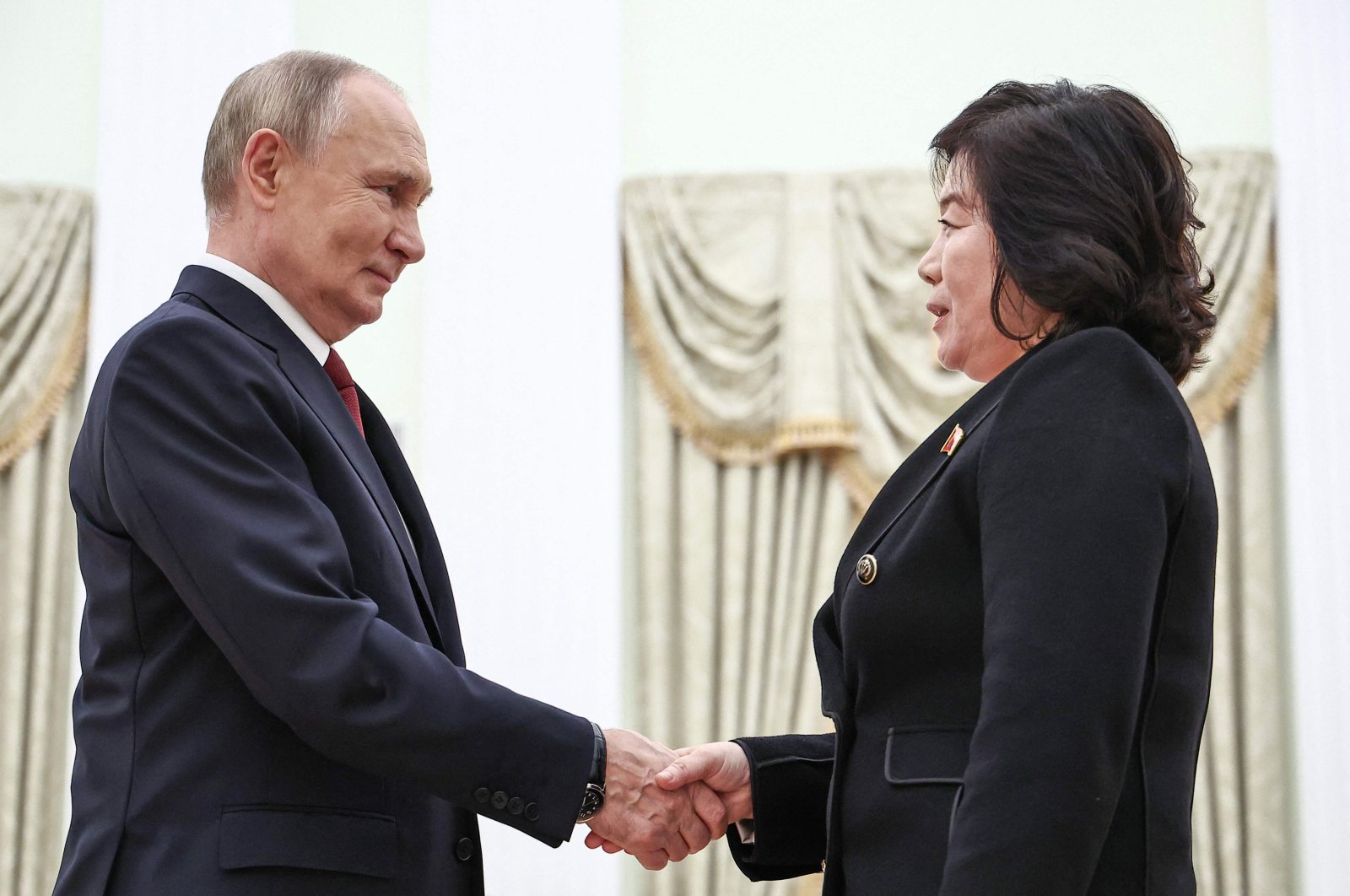 In this pool photograph distributed by Russian state agency Sputnik, Russia&#039;s President Vladimir Putin (L) greets North Korea&#039;s Foreign Minister Choe Son Hui (R) prior to their talks in Moscow, Nov. 4, 2024. (AFP Photo)