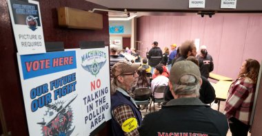 People look on as the Boeing Machinist union tallies votes on the latest Boeing contract offer at the District Lodge 751 Union Hall in Seattle, Washington, U.S., Nov. 4, 2024. (AFP Photo)