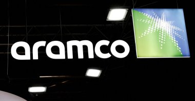 The Saudi Aramco logo is pictured at the Hyvolution exhibition, Paris, France, Feb. 1, 2024. (Reuters Photo)