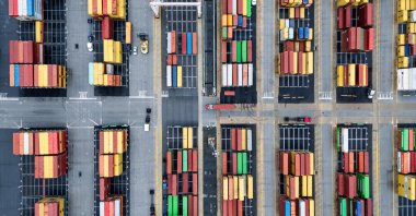 An image made with a drone shows shipping containers at the Seagirt Marine Terminal in Baltimore, Maryland, U.S., Sept. 30, 2024. (EPA Photo)