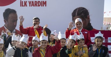 Turkish Red Crescent President Professor Dr. Fatma Meriç Yılmaz meets with students during a Kızılay Week event at the Etimesgut campus, Ankara, Türkiye, Nov. 5, 2024. (AA Photo)