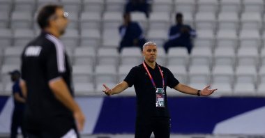 Palestine coach Makram Daboub reacts during a World Cup Asian Qualifiers third-round Group B match against Kuwait at the Jassim bin Hamad Stadium, Doha, Qatar, Oct. 15, 2024. (Reuters Photo)