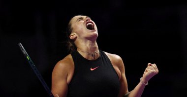 Belarus&#039; Aryna Sabalenka reacts during her women&#039;s singles group stage match against Italy&#039;s Jasmine Paolini at the King Saud University Indoor Arena, Riyadh, Saudi Arabia, Nov. 4, 2024. (Reuters Photo)