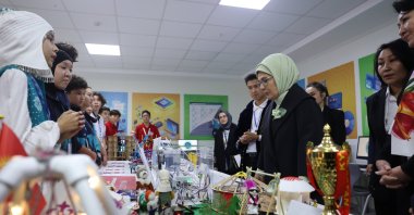 First lady Emine Erdoğan meets students at the Turkish Maarif Foundation, Bishkek, Kyrgyzstan, Nov. 5, 2024. (AA Photo)