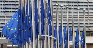 European Union flags flap in the wind at half-staff, in honor of European Parliament President David Sassoli, at EU headquarters in Brussels, Tuesday, Jan. 11, 2022. (AP File Photo)