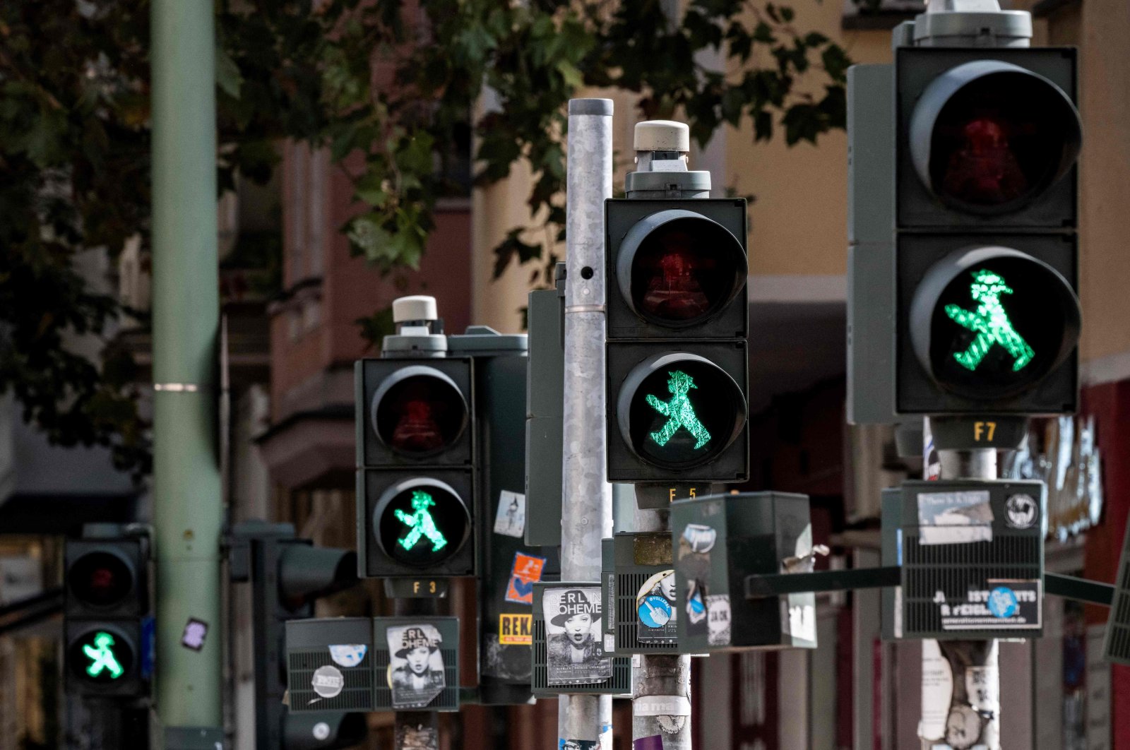 A row of pedestrian traffic signals featuring the former East German &quot;Ampelmaennchen&quot; (&quot;little traffic signal man&quot;) show green at a pedestrian crossing, Berlin, Germany, Sept. 28, 2024. (AFP Photo)