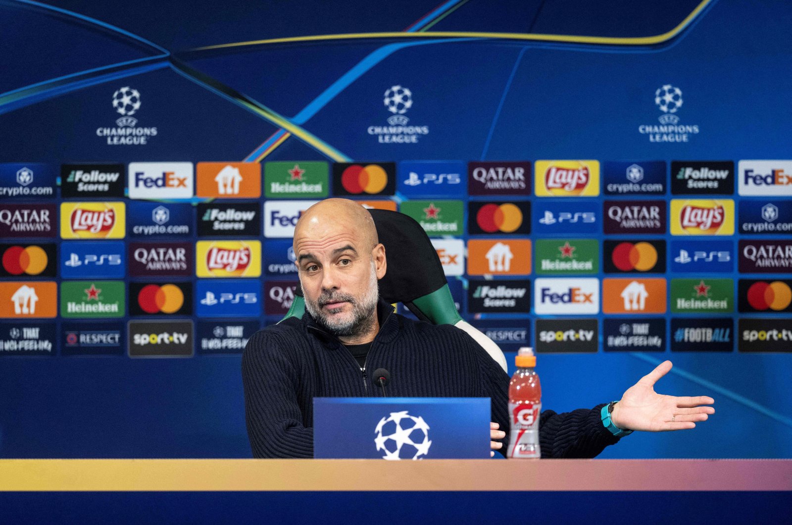 Manchester City’s coach Pep Guardiola gives a news conference on the eve of their UEFA Champions League football match against Sporting CP at Alvalade stadium, Lisbon, Portugal, Nov. 4, 2024. (AFP Photo)