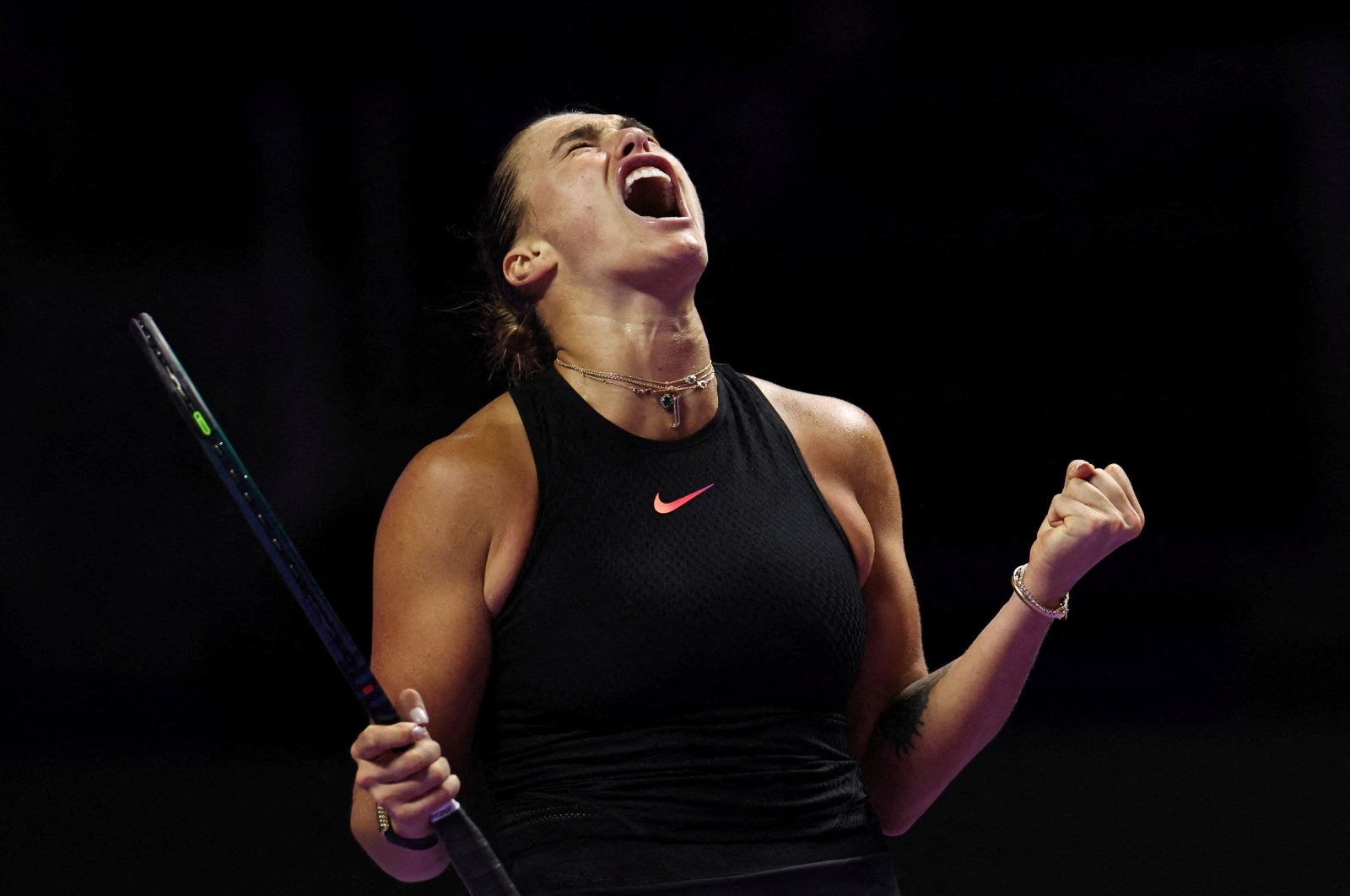 Belarus&#039; Aryna Sabalenka reacts during her women&#039;s singles group stage match against Italy&#039;s Jasmine Paolini at the King Saud University Indoor Arena, Riyadh, Saudi Arabia, Nov. 4, 2024. (Reuters Photo)