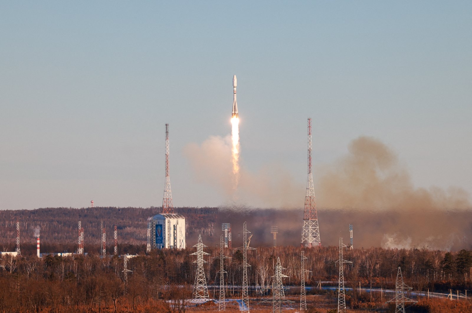 A Soyuz-2.1b rocket booster with a Fregat upper stage carrying satellites blasts off from its launchpad at the Vostochny Cosmodrome in the far-eastern Amur region, Russia, Nov. 5, 2024. (Reuters Photo)