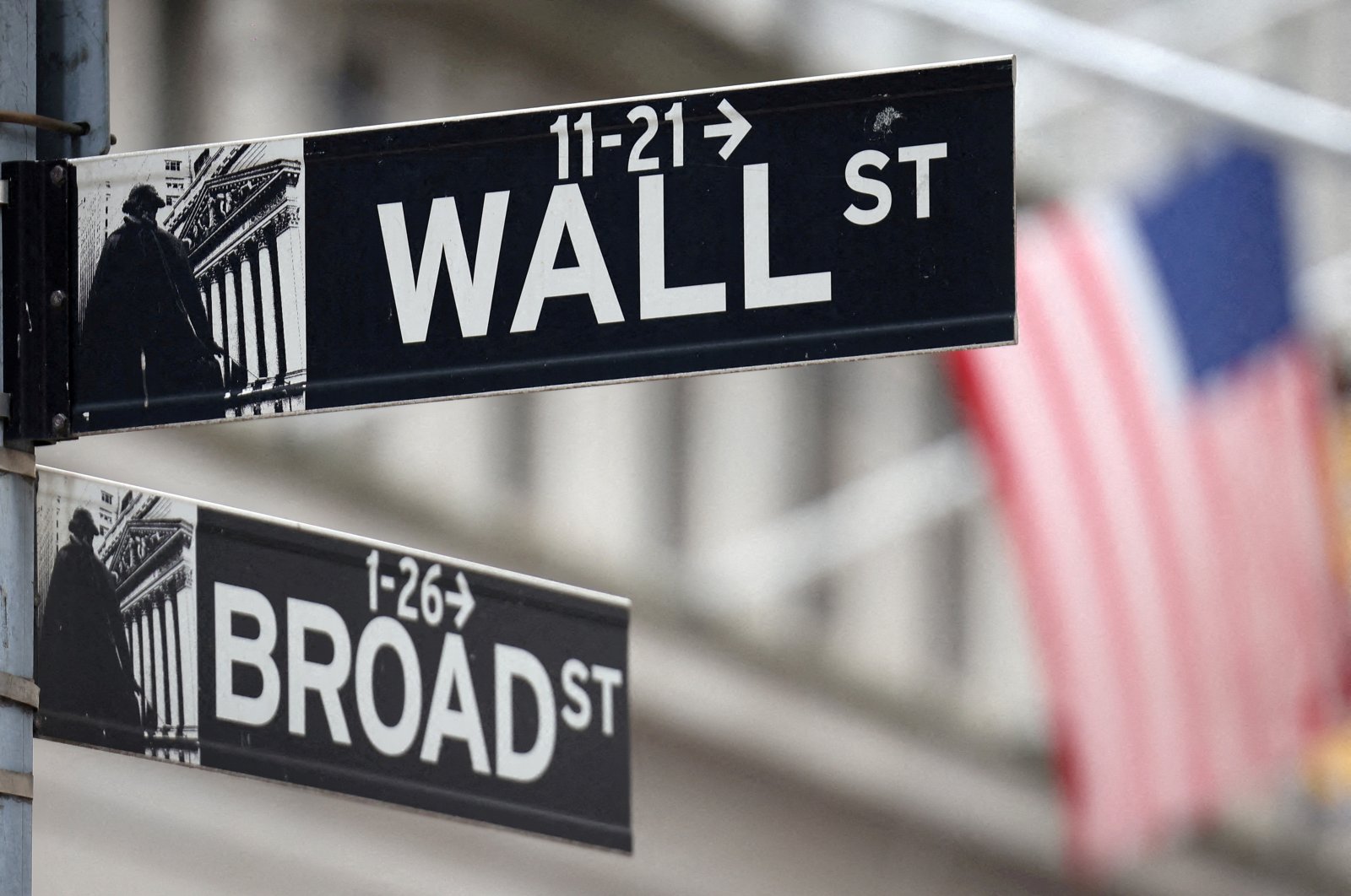 A Wall Street sign hangs in front of a U.S. Flag outside the New York Stock Exchange (NYSE) in New York City, U.S., Sept. 18, 2024. (Reuters File Photo)