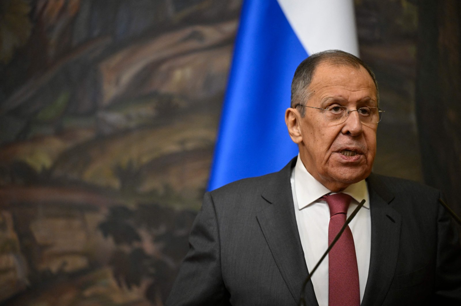 Russian Foreign Minister Sergey Lavrov speaks during a joint news conference with his Kuwaiti counterpart following their talks in Moscow on Oct. 28, 2024. (AFP Photo)