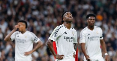 Real Madrid's Vinicius Junior (C) reacts after AC Milan scored their second goal during the UEFA Champions League, league phase Day 4 football match between Real Madrid CF and AC Milan at the Santiago Bernabeu stadium, Madrid, Spain, Nov. 5, 2024. (AFP Photo)