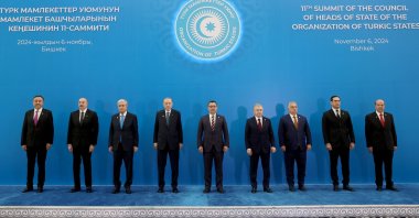 President Recep Tayyip Erdoğan (4th L) and other Turkic leaders attend the 11th summit of the Organization of Turkic States (OTS), Bishkek, Kyrgyzstan, Nov. 6, 2024. (AA Photo)