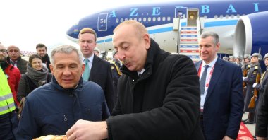 A handout photo of Azerbaijani President Ilham Aliyev (C) attending a welcoming ceremony upon his arrival at Kazan International Airport at the BRICS summit, Kazan, Russia, Oct. 23, 2024. (Reuters Photo)