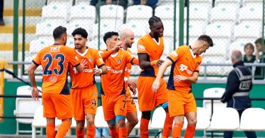 Başakşehir players celebrate after a goal against Konyaspor at the Konya Büyükşehir Stadium, Konya, Türkiye, Nov. 3, 2024. (AA Photo)