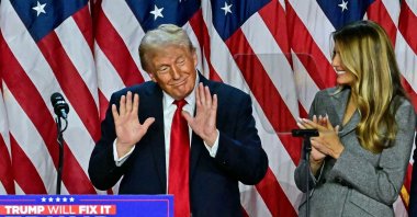 Former U.S. President and Republican presidential candidate Donald Trump gestures an election night event, West Palm Beach, Florida, Nov. 6, 2024. (AFP Photo)
