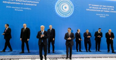 (L-R) Organization of Turkic States (OTS) Secretary-General Kubanychbek Omuraliev, Azerbaijan's President Ilham Aliyev, Kazakhstan's President Kassym-Jomart Tokayev, President Recep Tayyip Erdogan, Kyrgyz President Sadyr Japarov, Uzbekistan's President Shavkat Mirziyoyev, Hungarian Prime Minister Viktor Orban, Ambassador of Turkmenistan to Kyrgyzstan Nury Golliev, and Northern Cyprus (TRNC) President Ersin Tatar gather for a family photo during the 11th Summit of the Heads of State of the OTS, Bishkek, Kyrgyzstan, Nov. 6 2024. (EPA Photo)