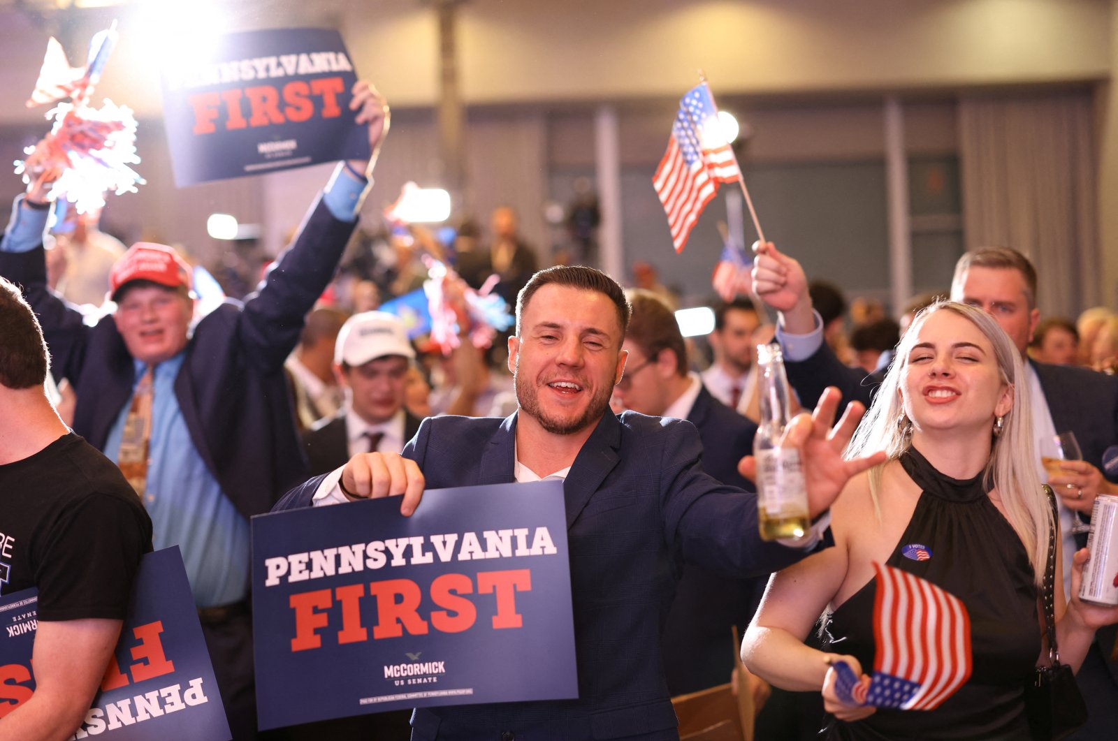 Supporters react during Republican Dave McCormick&#039;s Senate campaign watch party in downtown Pittsburgh, Pennsylvania, U.S., Nov. 5, 2024. (Reuters Photo)