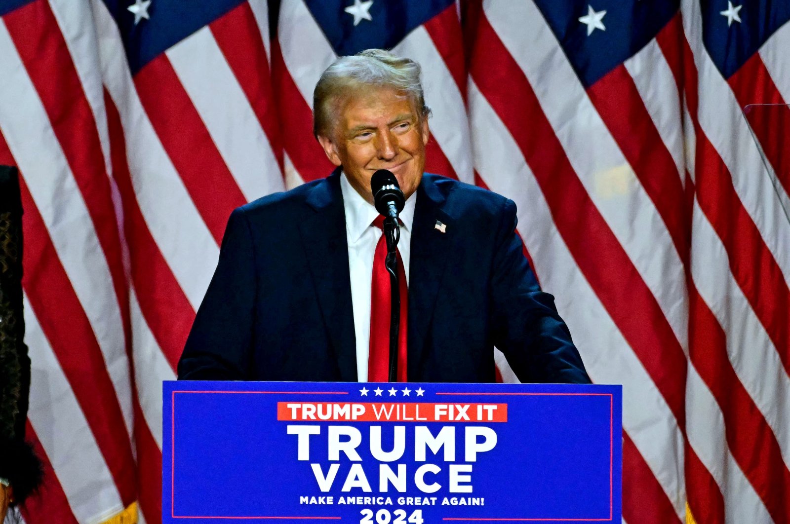 Former U.S. President and Republican presidential candidate Donald Trump speaks during an election night event at the West Palm Beach Convention Center in West Palm Beach, Florida, on Nov. 6, 2024. (AFP Photo)