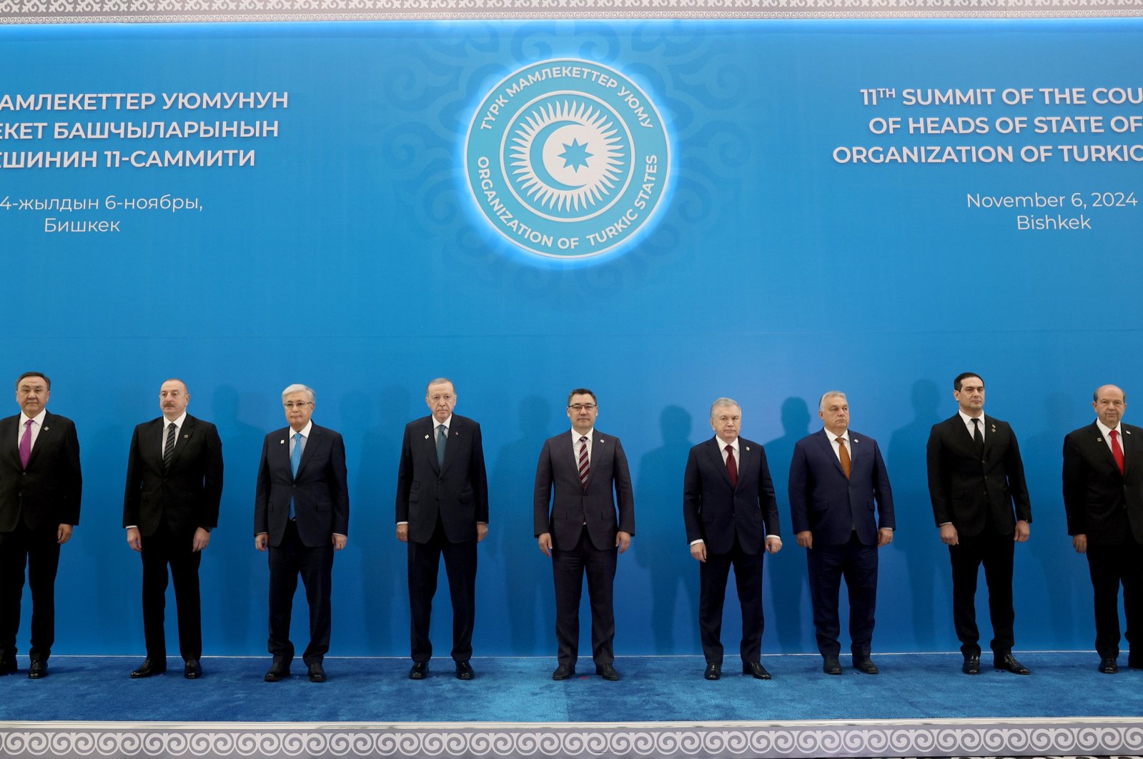 President Recep Tayyip Erdoğan (4th L) and other Turkic leaders attend the 11th summit of the Organization of Turkic States (OTS), Bishkek, Kyrgyzstan, Nov. 6, 2024. (AA Photo)