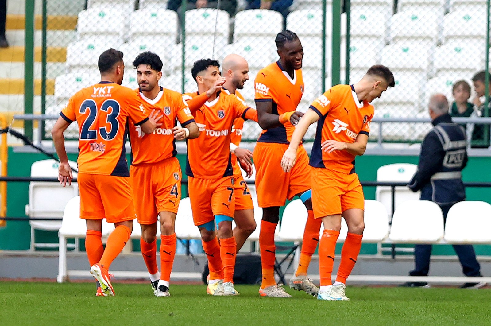 Başakşehir players celebrate after a goal against Konyaspor at the Konya Büyükşehir Stadium, Konya, Türkiye, Nov. 3, 2024. (AA Photo)