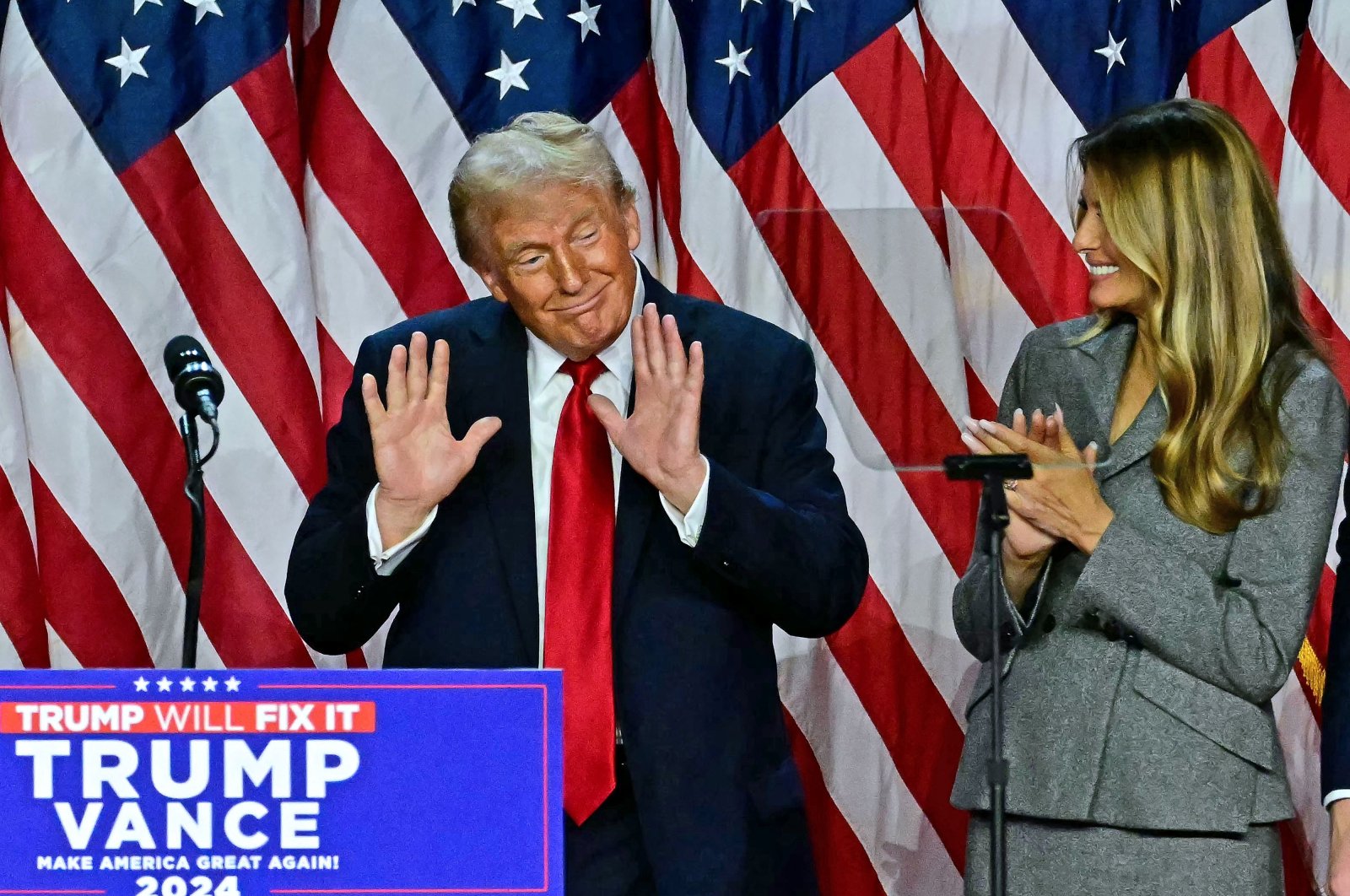 Former U.S. President and Republican presidential candidate Donald Trump gestures an election night event, West Palm Beach, Florida, Nov. 6, 2024. (AFP Photo)