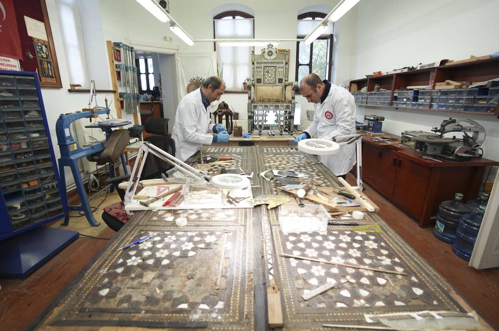 Experts restore artifacts at the Mother of Pearl Workshop, Istanbul, Türkiye, Oct. 31, 2024. (AA Photo)